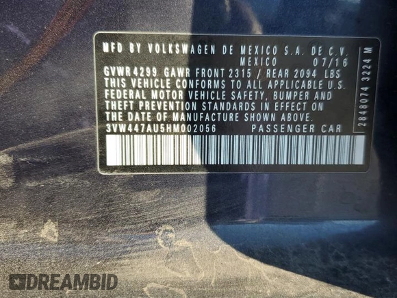2017 Volkswagen GTI S z VIN 3VW447AU5HM002056, wystawiony jako Copart lot #56643855 z przebiegiem 48 841 mil mil oraz Szkoda całkowita • Salvage title. Historia ofert i sprzedaży dostępna na DreamBid. Obrazek 12.