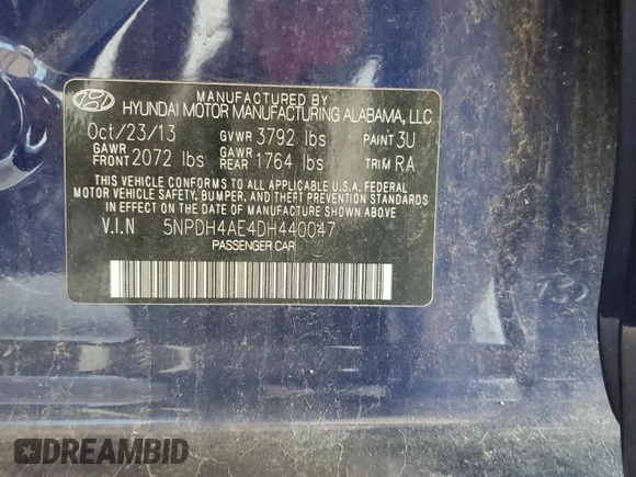 2013 Hyundai Elantra GLS with VIN 5NPDH4AE4DH440047, listed as a Copart auction lot 57456945 with 190,665 mi miles and Salvage title. Bid and sale history available at DreamBid. Image 12.