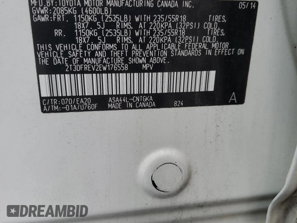 2014 Toyota RAV4 Limited with VIN 2T3DFREV2EW176558, listed as a Copart auction lot 56998885 with 180,202 mi miles and Salvage title. Bid and sale history available at DreamBid. Image 13.