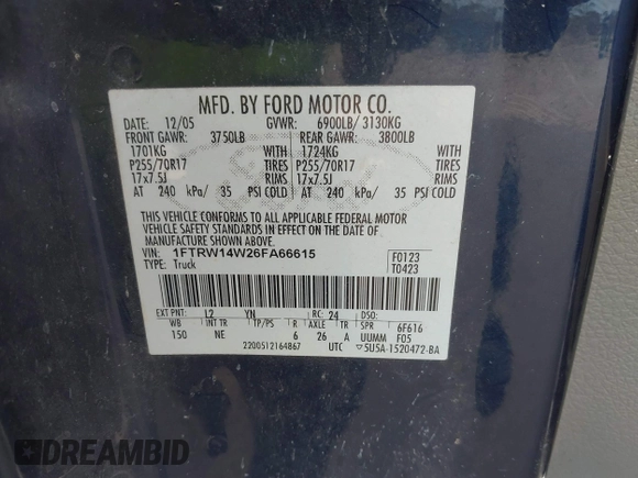 2006 Ford F-150 XLT with VIN 1FTRW14W26FA66615, listed as a IAAI auction lot 40617019 with Not provided miles and . Bid and sale history available at DreamBid. Image 9.
