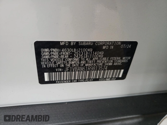 2024 Subaru WRX Limited with VIN JF1VBAN61R9813574, listed as a Copart auction lot 47877155 with 258 mi miles and Salvage title. Bid and sale history available at DreamBid. Image 14.