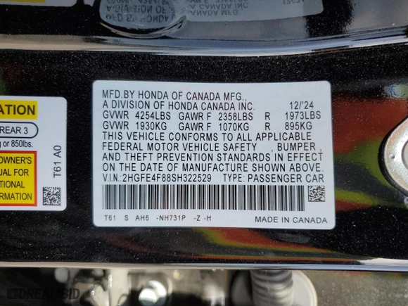 2025 Honda Civic Sedan Hybrid Sport with VIN 2HGFE4F88SH322529, listed as a Copart auction lot 49865135 with 11,007 mi miles and Salvage Title. Bid and sale history available at carsss.com. Image 14.