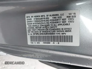 2016 Honda Odyssey EX-L with VIN 5FNRL5H64GB048004, listed as a IAAI auction lot 41676712 with 129,343 mi miles. Bid and sale history available at carsss.com. Image 9.