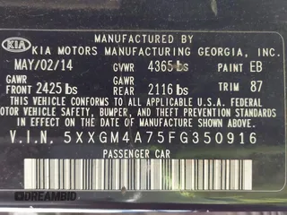 2015 Kia Optima LX with VIN 5XXGM4A75FG350916, listed as a IAAI auction lot 41279240 with 1 mi miles. Bid and sale history available at carsss.com. Image 9.