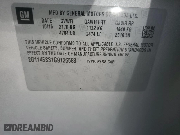 2016 Chevrolet Impala LTZ with VIN 2G1145S31G9126583, listed as a Copart auction lot 62377785 with 171,300 mi miles and Salvage title. Bid and sale history available at DreamBid. Image 12.