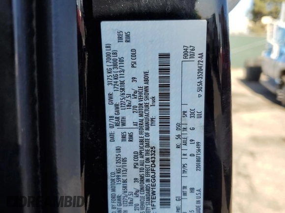 2018 Ford F-150 XL с VIN 1FTEW1EG0JFD43325, выставлен на аукционе Copart как лот 56697565 с пробегом 118 901 миль миль и Списание • Salvage title. История ставок и продаж доступна на DreamBid. Изображение 12.