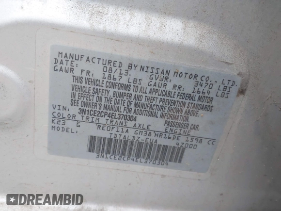 2014 Nissan Note S with VIN 3N1CE2CP4EL370304, listed as a IAAI auction lot 41494018 with 156,057 mi miles and . Bid and sale history available at DreamBid. Image 9.