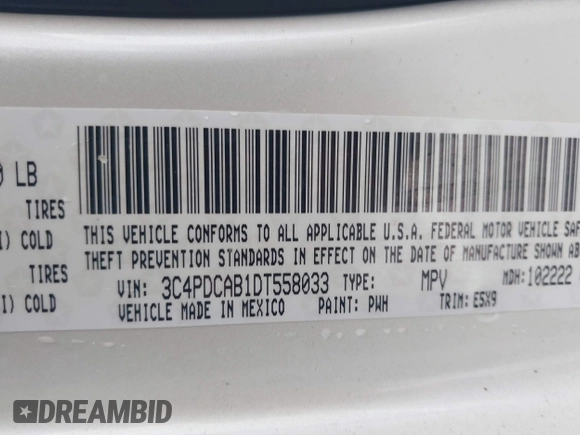 2013 Dodge Journey SE with VIN 3C4PDCAB1DT558033, listed as a IAAI auction lot 41804619 with 204,567 mi miles and . Bid and sale history available at carsss.com. Image 9.