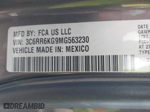 2021 Ram 1500 Tradesman z VIN 3C6RR6KG9MG563230, wystawiony jako IAAI lot #41905688 z przebiegiem 81 143 mil mil oraz . Historia ofert i sprzedaży dostępna na DreamBid. Obrazek 9.