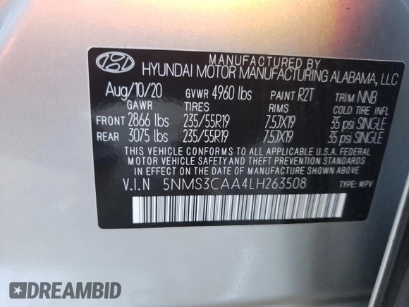 2020 Hyundai Santa Fe SEL with VIN 5NMS3CAA4LH263508, listed as a Copart auction lot 66423812 with 19,211 mi miles. Bid and sale history available at carsss.com. Image 10.