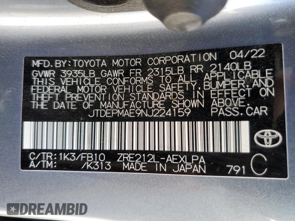 2022 Toyota Corolla LE with VIN JTDEPMAE9NJ224159, listed as a Copart auction lot 46704655 with 44,133 mi miles and Salvage Title. Bid and sale history available at carsss.com. Image 14.