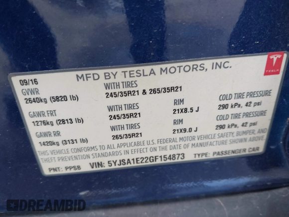 2016 Tesla Model S 90D with VIN 5YJSA1E22GF154873, listed as a IAAI auction lot 41950274 with 82,649 mi miles and . Bid and sale history available at DreamBid. Image 9.