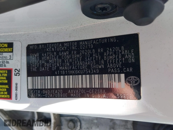 2019 Toyota Camry LE z VIN 4T1B11HK6KU754349, wystawiony jako IAAI lot #42262271 z przebiegiem 77 312 mil mil oraz . Historia ofert i sprzedaży dostępna na DreamBid. Obrazek 9.