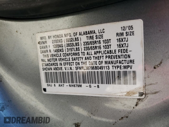 2006 Honda Odyssey EX-L with VIN 5FNRL38796B049113, listed as a Copart auction lot 43430515 with 288,321 mi miles and Salvage Title. Bid and sale history available at carsss.com. Image 14.