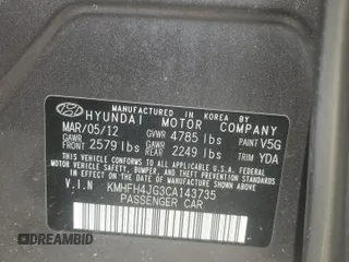2012 Hyundai Azera with VIN KMHFH4JG3CA143735, listed as a Copart auction lot 52442055 with 108,708 mi miles and Salvage Title. Bid and sale history available at carsss.com. Image 13.
