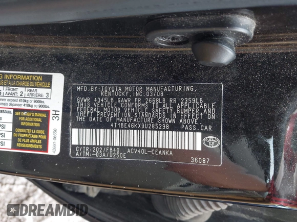 2009 Toyota Camry with VIN 4T1BE46KX9U285298, listed as a IAAI auction lot 42231234 with 314,979 mi miles and . Bid and sale history available at DreamBid. Image 9.