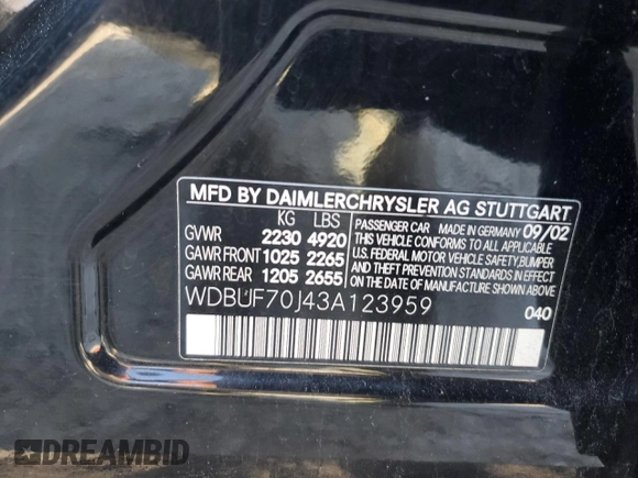 2003 Mercedes-Benz E-Class 5.0L with VIN WDBUF70J43A123959, listed as a Copart auction lot 45032875 with 136,922 mi miles and Non Repairable. Bid and sale history available at carsss.com. Image 12.