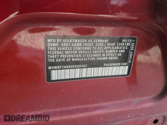 2013 Volkswagen CC Sport with VIN WVWBP7AN8DE568383, listed as a Copart auction lot 82881684 with 208,481 mi miles and Salvage Title. Bid and sale history available at carsss.com. Image 15.