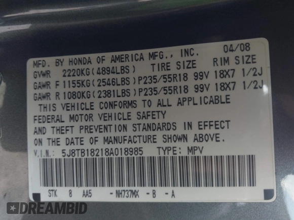 2008 Acura RDX with VIN 5J8TB18218A018985, listed as a IAAI auction lot 42757879 with 173,365 mi miles and . Bid and sale history available at DreamBid. Image 9.