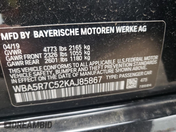 2019 BMW 3 Series 330i xDrive with VIN WBA5R7C52KAJ85867, listed as a Copart auction lot 60107965 with 68,464 mi miles and Salvage title. Bid and sale history available at DreamBid. Image 12.