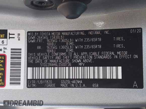 2020 Toyota Highlander LE with VIN 5TDZZRAH6LS500736, listed as a IAAI auction lot 41794879 with 72,345 mi miles and . Bid and sale history available at DreamBid. Image 9.