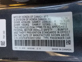2025 Honda Civic Sedan Hybrid Sport with VIN 2HGFE4F83SH312992, listed as a Copart auction lot 47895135 with 0 mi miles and Salvage Title. Bid and sale history available at carsss.com. Image 14.