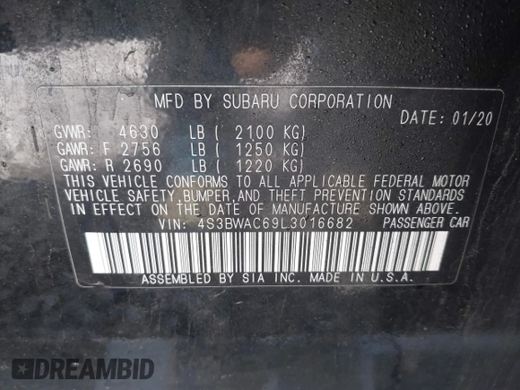 2020 Subaru Legacy Premium с VIN 4S3BWAC69L3016682, выставлен на аукционе IAAI как лот 42351138 с пробегом 69 270 миль миль и . История ставок и продаж доступна на DreamBid. Изображение 9.