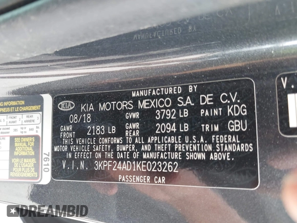 2019 Kia Forte LXS with VIN 3KPF24AD1KE023262, listed as a IAAI auction lot 42363329 with 110,724 mi miles and . Bid and sale history available at DreamBid. Image 9.