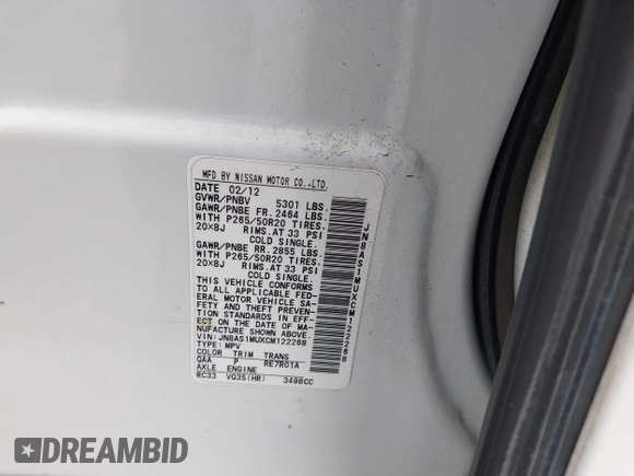 2012 Infiniti FX with VIN JN8AS1MUXCM122268, listed as a IAAI auction lot 42139233 with 158,338 mi miles. Bid and sale history available at carsss.com. Image 9.