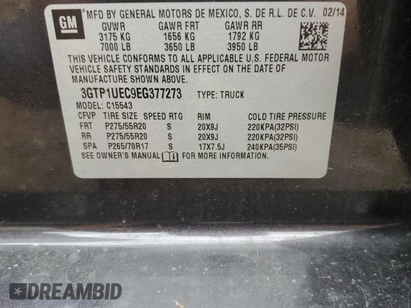 2014 GMC Sierra 1500 SLE z VIN 3GTP1UEC9EG377273, wystawiony jako Copart lot #51233175 z przebiegiem 212 047 mil mil oraz Szkoda całkowita • Salvage title. Historia ofert i sprzedaży dostępna na DreamBid. Obrazek 14.