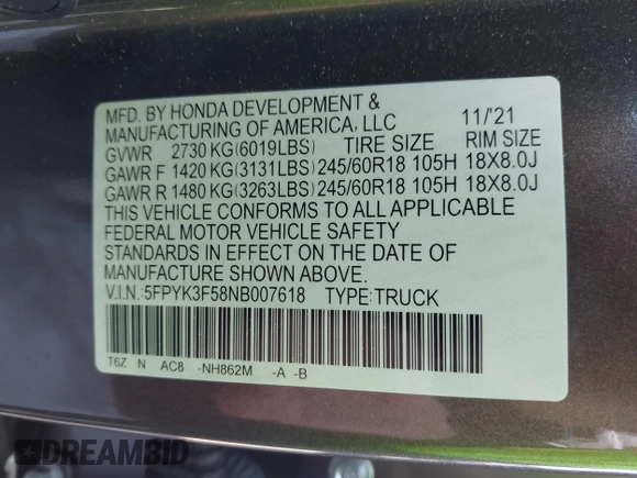 2022 Honda Ridgeline RTL with VIN 5FPYK3F58NB007618, listed as a IAAI auction lot 42258443 with 14,036 mi miles and . Bid and sale history available at DreamBid. Image 9.