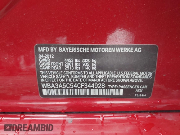2012 BMW 3 Series 328i with VIN WBA3A5C54CF344928, listed as a IAAI auction lot 42313887 with 131,904 mi miles and . Bid and sale history available at DreamBid. Image 9.