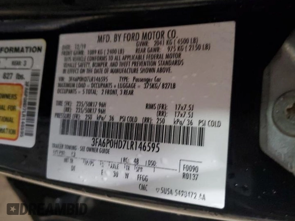 2020 Ford Fusion SE с VIN 3FA6P0HD7LR146595, выставлен на аукционе Copart как лот 61006345 с пробегом 128 741 миль миль и Чистый • Clean title. История ставок и продаж доступна на DreamBid. Изображение 12.