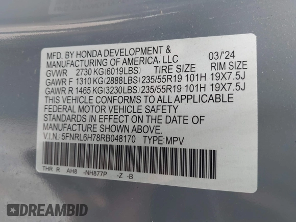 2024 Honda Odyssey Sport z VIN 5FNRL6H78RB048170, wystawiony jako IAAI lot #41958302 z przebiegiem 35 864 mil mil oraz . Historia ofert i sprzedaży dostępna na DreamBid. Obrazek 9.