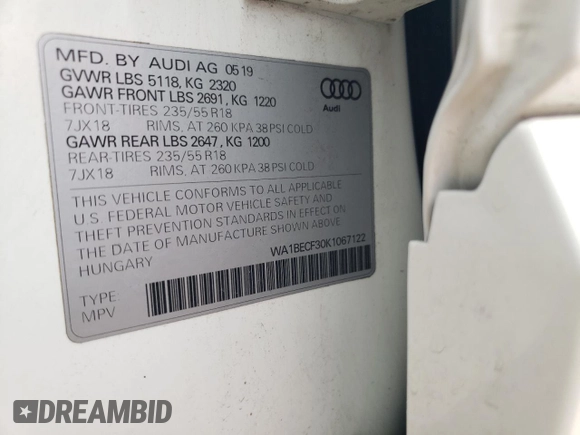 2019 Audi Q3 Premium Plus with VIN WA1BECF30K1067122, listed as a Copart auction lot 61161544 with 22,697 mi miles and Salvage Title. Bid and sale history available at carsss.com. Image 12.