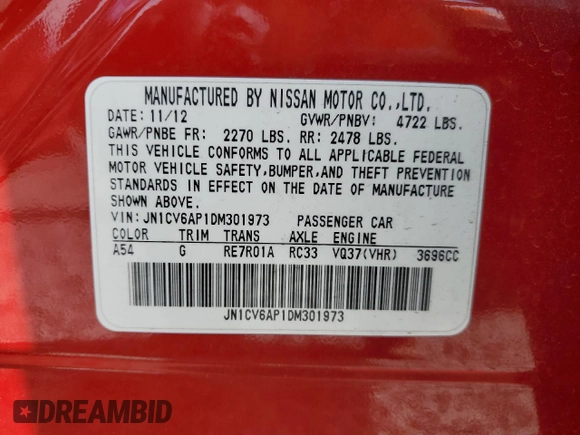 2013 Infiniti G37 Journey with VIN JN1CV6AP1DM301973, listed as a Copart auction lot 53088845 with 182,522 mi miles and Salvage Title. Bid and sale history available at DreamBid. Image 13.