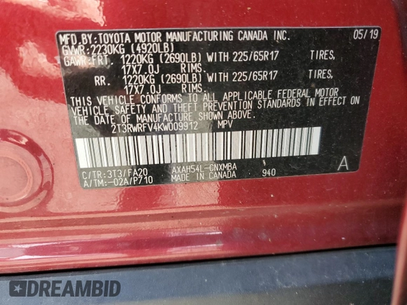 2019 Toyota RAV4 Hybrid XLE with VIN 2T3RWRFV4KW009912, listed as a Copart auction lot 51469395 with 96,489 mi miles and Salvage Title. Bid and sale history available at carsss.com. Image 13.
