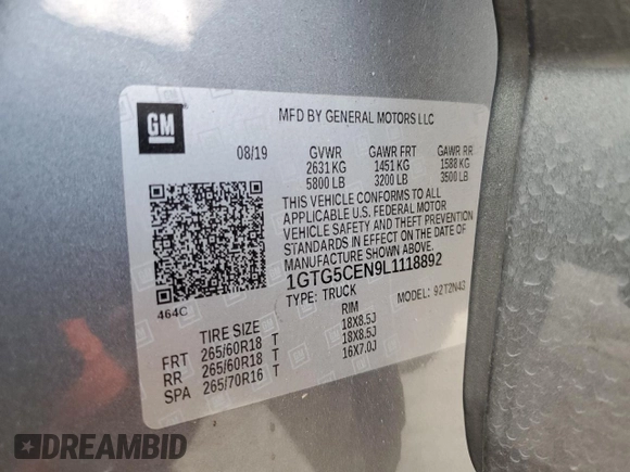2020 GMC Canyon 2WD SLE with VIN 1GTG5CEN9L1118892, listed as a Copart auction lot 43500175 with 53,587 mi miles and Salvage Title. Bid and sale history available at carsss.com. Image 12.
