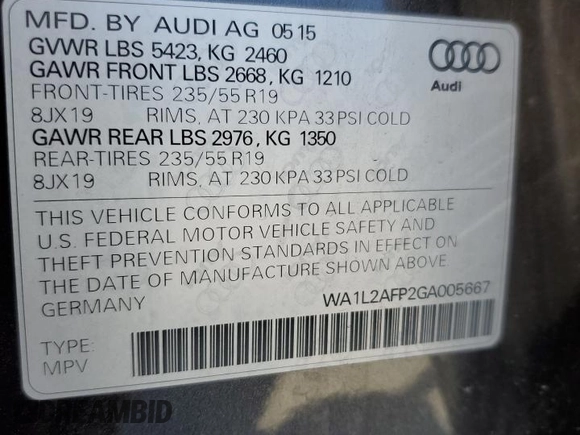 2016 Audi Q5 Premium Plus with VIN WA1L2AFP2GA005667, listed as a Copart auction lot 60166205 with 67,295 mi miles and Salvage title. Bid and sale history available at DreamBid. Image 14.