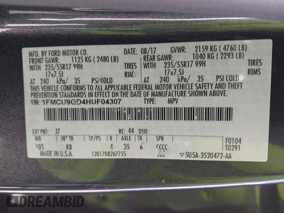 2017 Ford Escape SE with VIN 1FMCU9GD4HUF04307, listed as a IAAI auction lot 41963142 with 78,175 mi miles. Bid and sale history available at carsss.com. Image 9.
