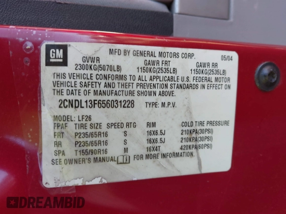 2005 Chevrolet Equinox LS with VIN 2CNDL13F656031228, listed as a IAAI auction lot 41877100 with 140,664 mi miles. Bid and sale history available at carsss.com. Image 9.