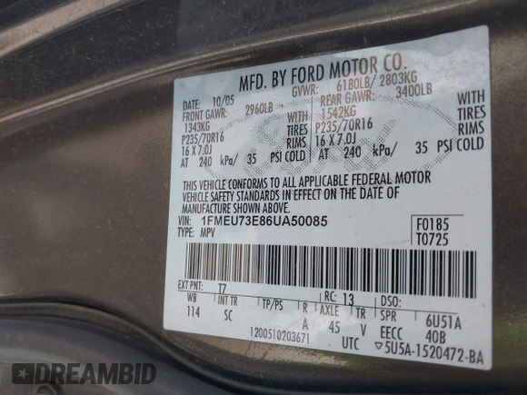 2006 Ford Explorer XLT z VIN 1FMEU73E86UA50085, wystawiony jako IAAI lot #42193785 z przebiegiem 211 343 mil mil oraz . Historia ofert i sprzedaży dostępna na DreamBid. Obrazek 9.