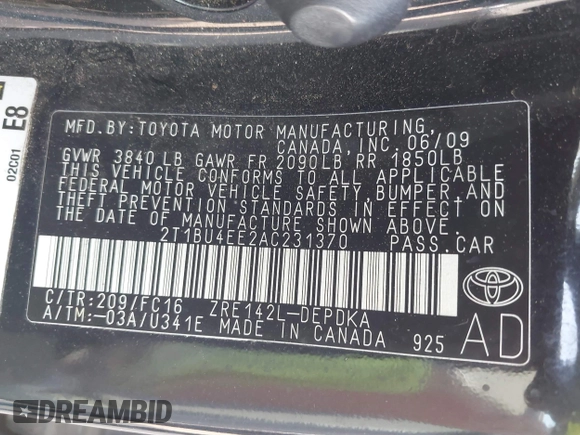 2010 Toyota Corolla with VIN 2T1BU4EE2AC231370, listed as a IAAI auction lot 42507792 with 242,552 mi miles and . Bid and sale history available at DreamBid. Image 9.