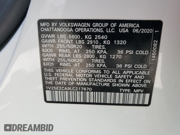 2020 Volkswagen Atlas SE z VIN 1V25E2CA9LC217670, wystawiony jako Copart lot #61438655 z przebiegiem 55 391 mil mil oraz Nie do naprawy • Non repairable. Historia ofert i sprzedaży dostępna na DreamBid. Obrazek 13.