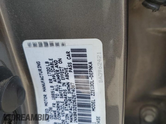 2006 Toyota Corolla CE with VIN 1NXBR32E06Z674087, listed as a Copart auction lot 54206355 with 188,839 mi miles and Clean Title. Bid and sale history available at DreamBid. Image 12.
