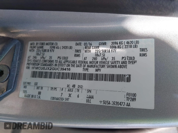 2016 Ford Escape Titanium with VIN 1FMCU0JX2GUC39416, listed as a IAAI auction lot 41793375 with 146,877 mi miles. Bid and sale history available at carsss.com. Image 9.
