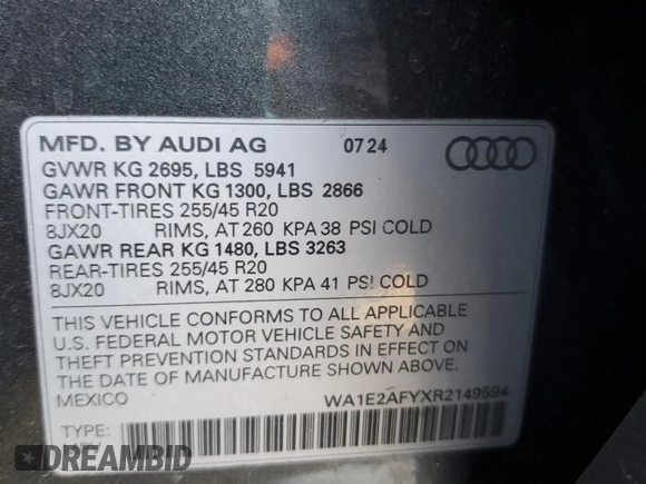 2024 Audi Q5 S line Premium Plus z VIN WA1E2AFYXR2149594, wystawiony jako Copart lot #46611695 z przebiegiem 2 753 mil mil oraz Szkoda całkowita • Salvage title. Historia ofert i sprzedaży dostępna na DreamBid. Obrazek 14.