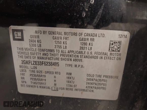 2015 GMC Terrain Denali with VIN 2GKFLZE33F6238485, listed as a IAAI auction lot 41648057 with 170,955 mi miles and . Bid and sale history available at DreamBid. Image 9.