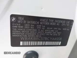 2011 BMW 7 Series 750Li with VIN WBAKB8C57BCY66558, listed as a IAAI auction lot 41494697 with 102,560 mi miles. Bid and sale history available at carsss.com. Image 9.