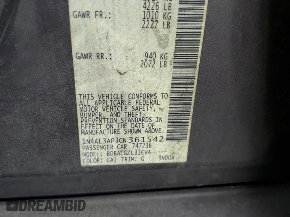 2016 Nissan Altima S with VIN 1N4AL3AP3GN361542, listed as a Copart auction lot 59893225 with 226,999 mi miles and Salvage title. Bid and sale history available at DreamBid. Image 13.